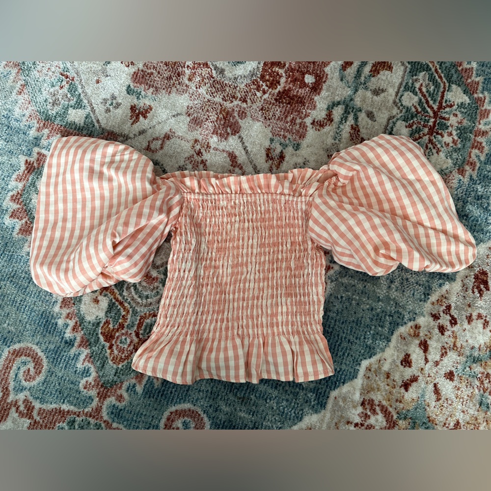 Puff sleeve off the shoulder gingham scrunch top